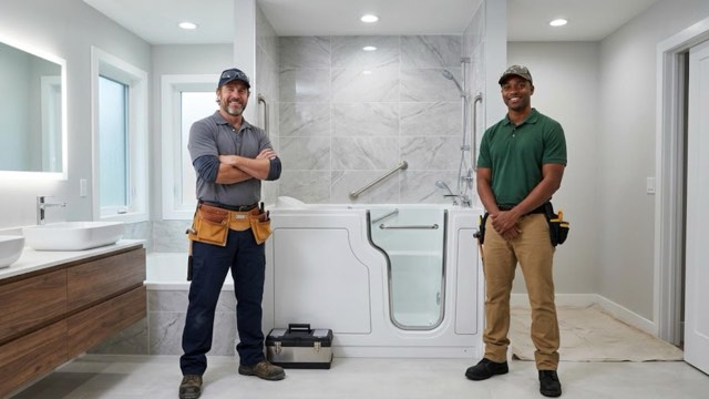 Walk-In Tub Contractor Baltimore installer with a customer in their bathroom