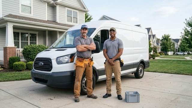 Walk-In Tub Contractor Baltimore installer and service van outside a customer's home